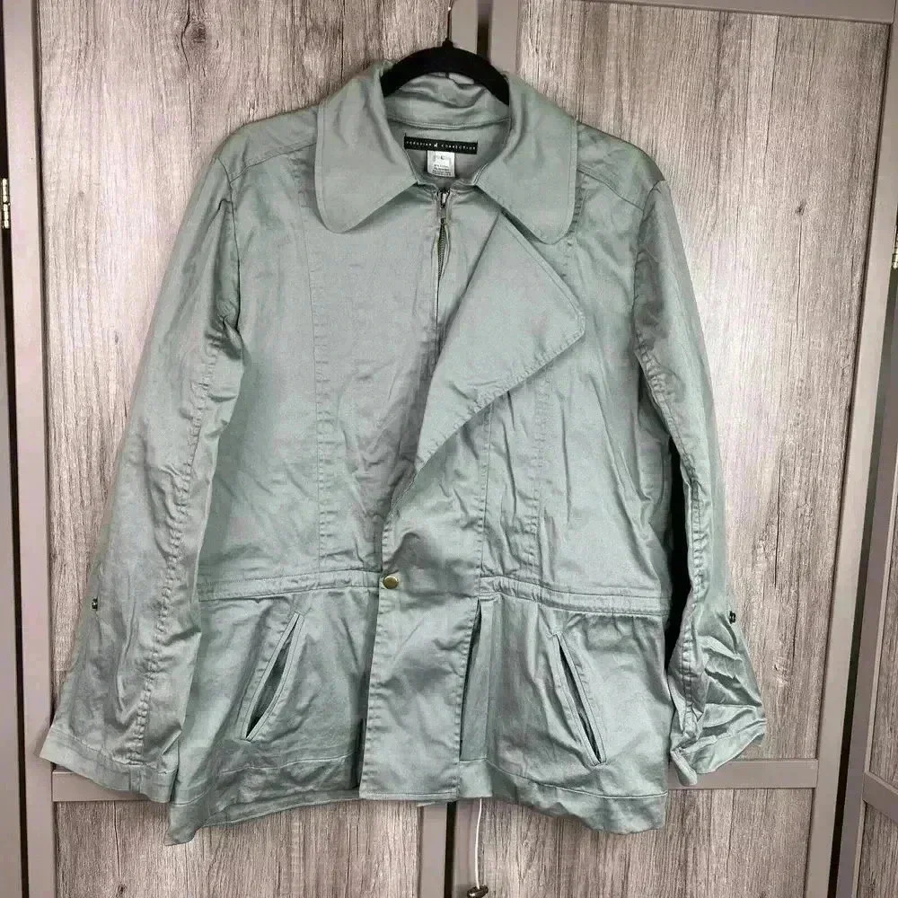 Peruvian Connection Jacket Sz L Wind Sage Green Cotton Spring Stains